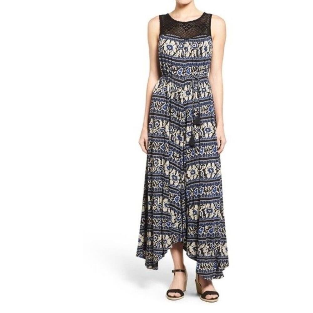 Lucky Brand Sleeveless Crochet Maxi Dress Black Taupe Blue Patterned Medium